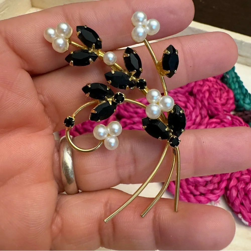 Vintage Black Marquise Rhinestones and Pearls Floral Brooch Pin
